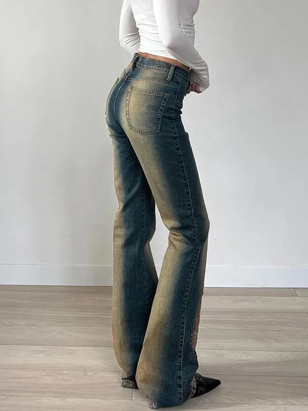 Vintage Distressed Low Waist Embroidery Slim Jeans