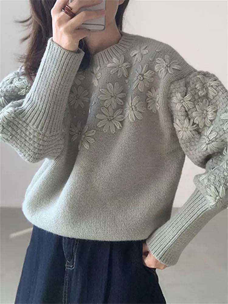 Vintage Strickpullover mit bestickten Gänseblümchen-Laternenärmeln