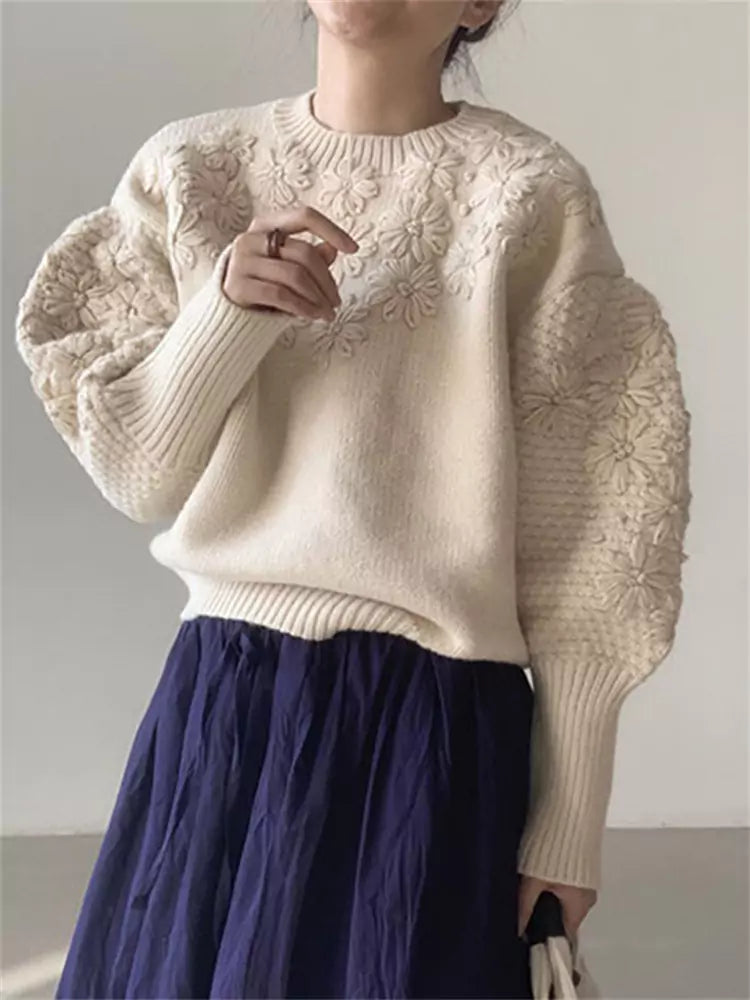 Vintage Strickpullover mit bestickten Gänseblümchen-Laternenärmeln