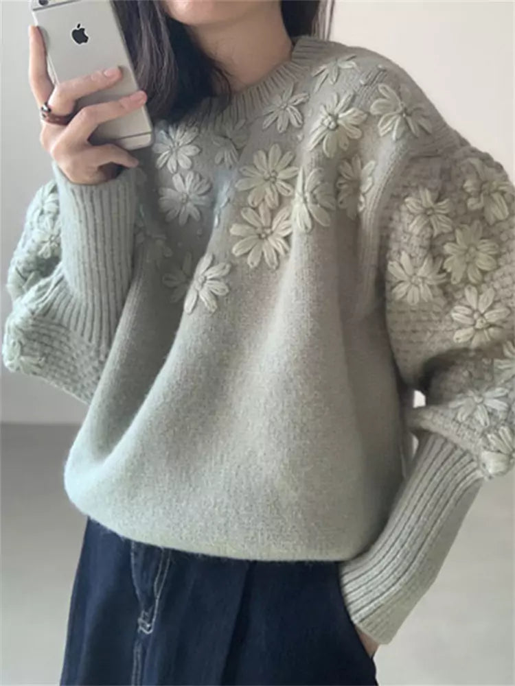 Vintage Strickpullover mit bestickten Gänseblümchen-Laternenärmeln