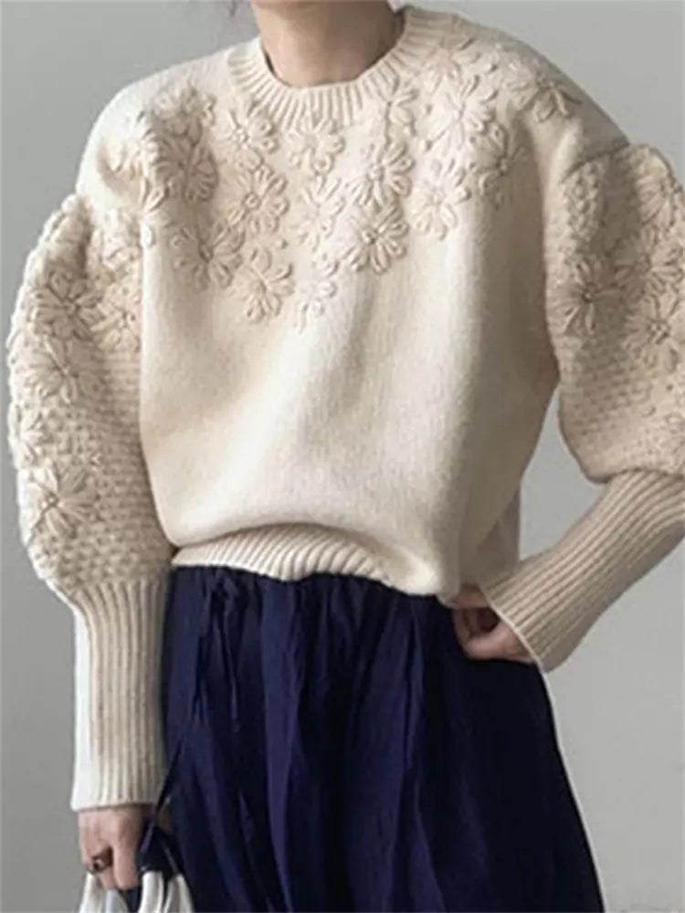 Vintage Strickpullover mit bestickten Gänseblümchen-Laternenärmeln