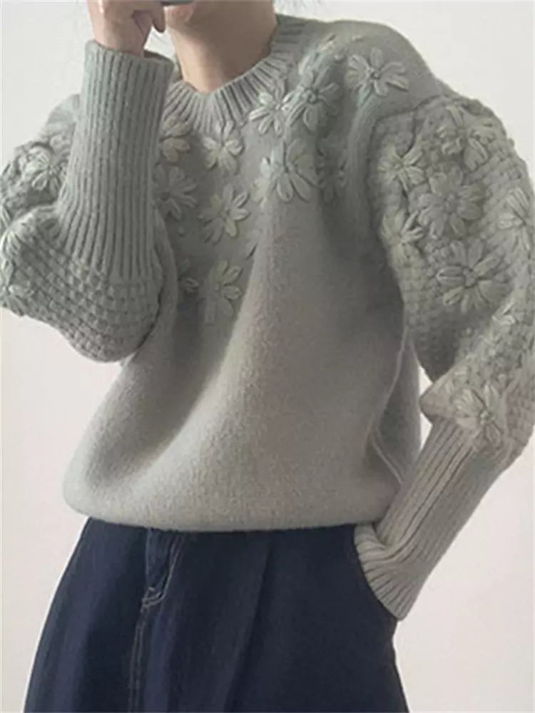 Vintage Strickpullover mit bestickten Gänseblümchen-Laternenärmeln