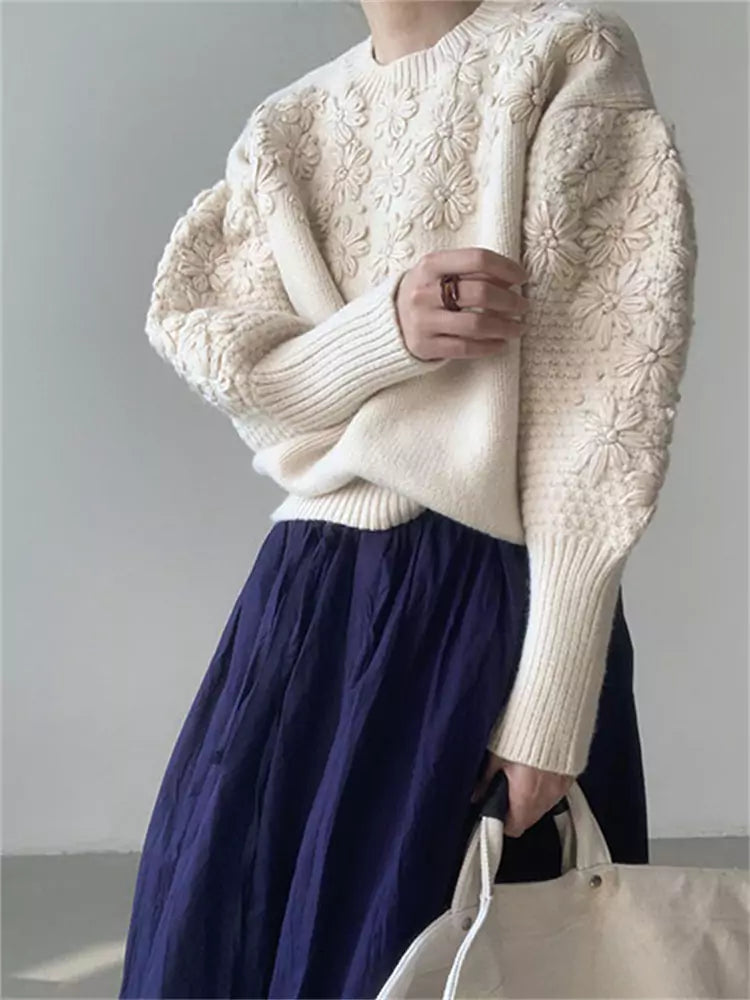 Vintage Strickpullover mit bestickten Gänseblümchen-Laternenärmeln