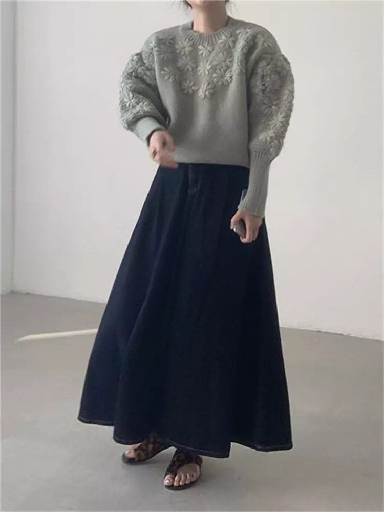 Vintage Strickpullover mit bestickten Gänseblümchen-Laternenärmeln
