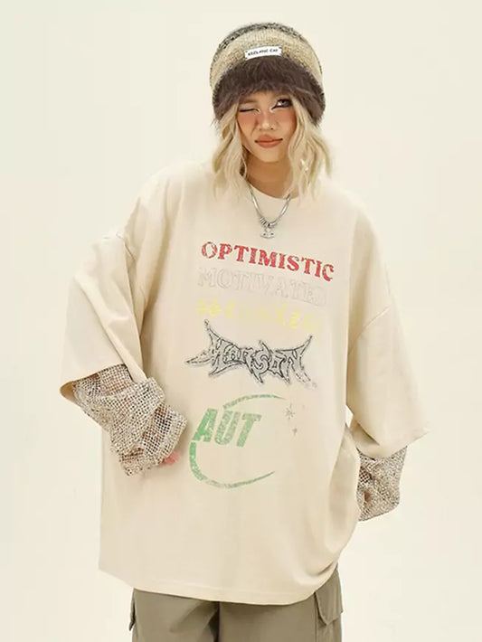 Vintage Fake Two Piece Letter Print T-Shirt