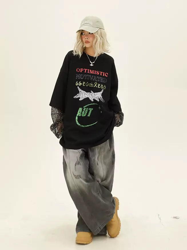 Vintage Fake Two Piece Letter Print T-shirt