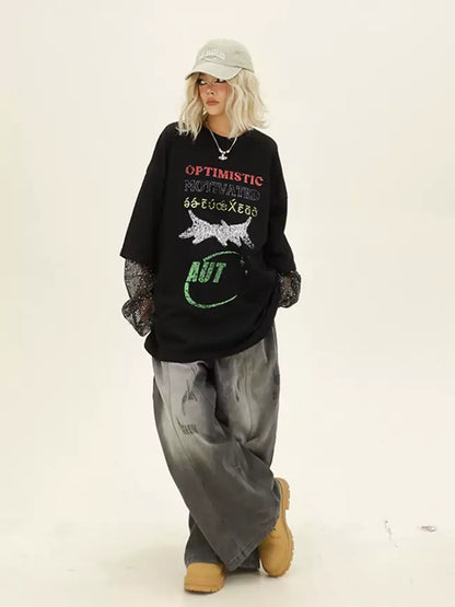 Vintage Fake Two Piece Letter Print T-shirt