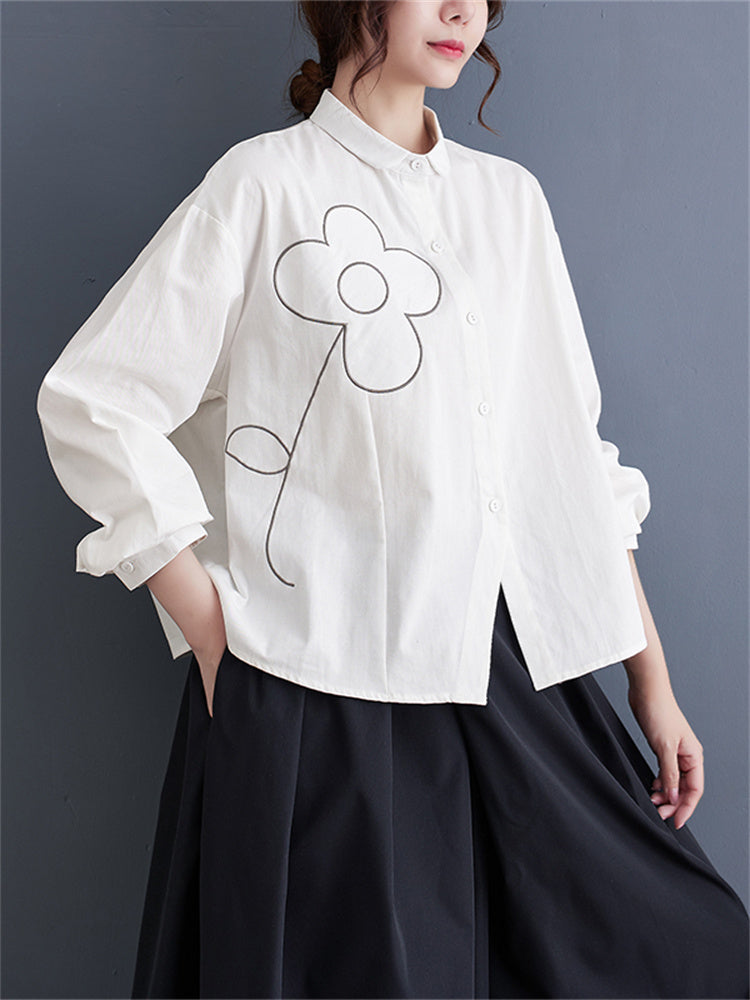 Women's Vintage Floral Embroidered Shirt Long Sleeve