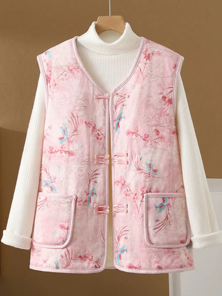 Vintage Floral Frog Button Quilted Padded Vest