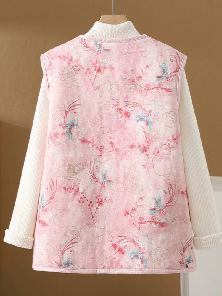 Vintage Floral Frog Button Quilted Padded Vest