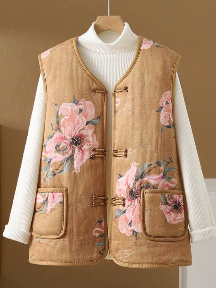 Vintage Floral Frog Button Quilted Padded Vest