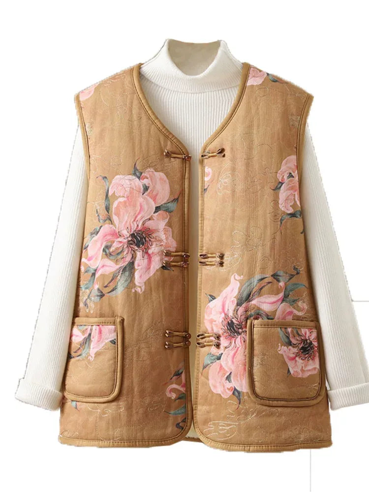 Vintage Floral Frog Button Quilted Padded Vest