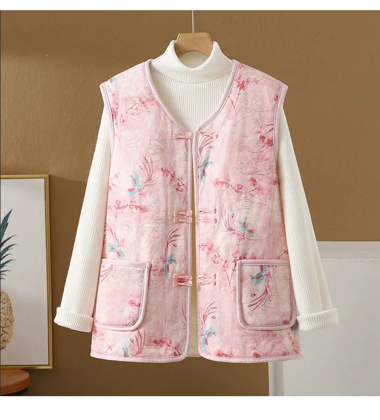 Vintage Floral Frog Button Quilted Padded Vest