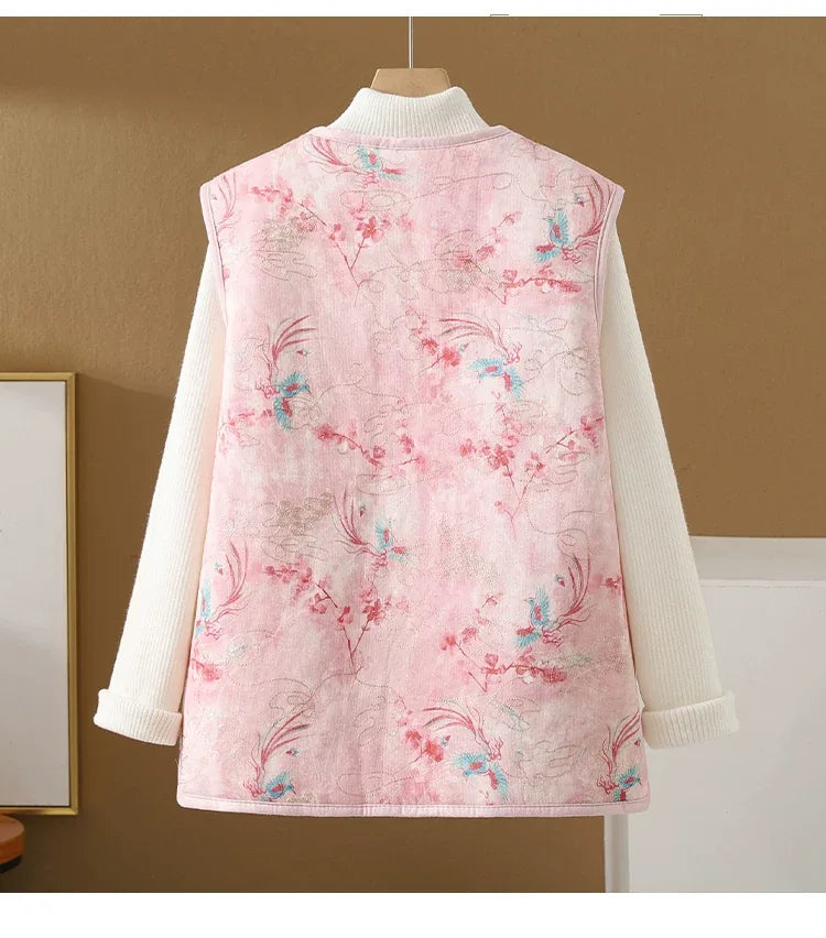 Vintage Floral Frog Button Quilted Padded Vest