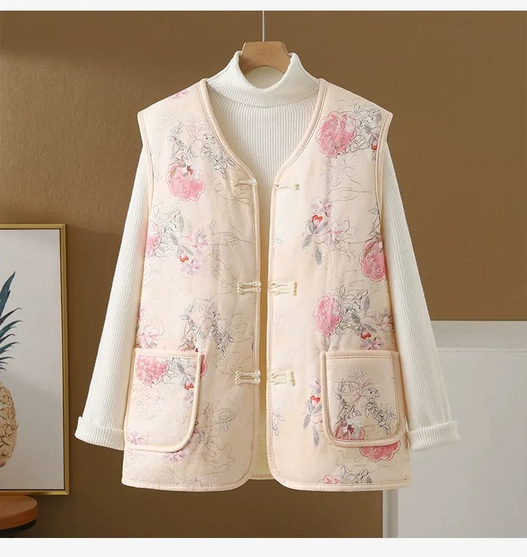 Vintage Floral Frog Button Quilted Padded Vest