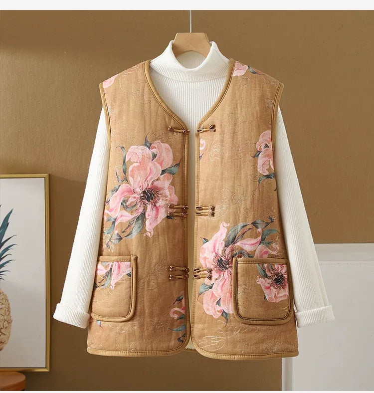 Vintage Floral Frog Button Quilted Padded Vest