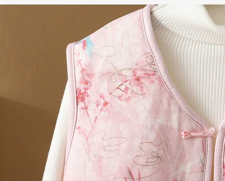 Vintage Floral Frog Button Quilted Padded Vest