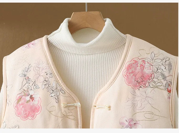 Vintage Floral Frog Button Quilted Padded Vest