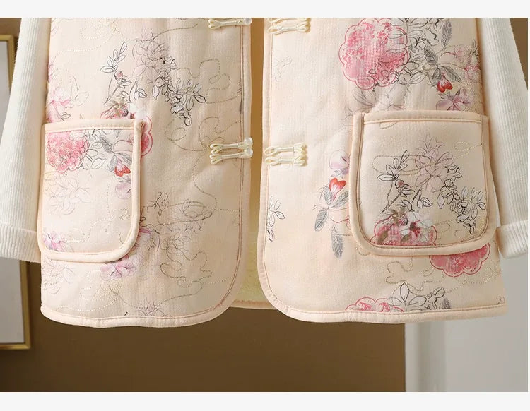Vintage Floral Frog Button Quilted Padded Vest