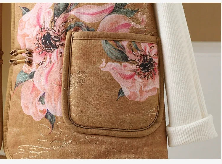 Vintage Floral Frog Button Quilted Padded Vest