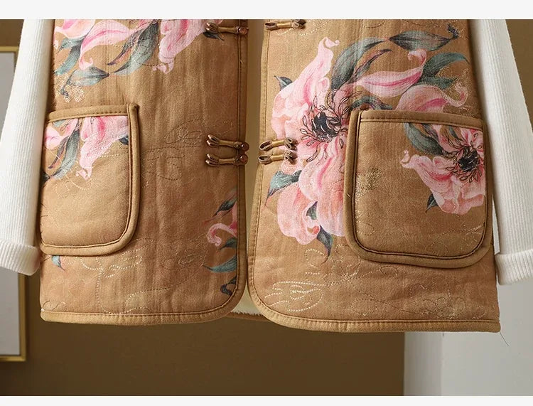 Vintage Floral Frog Button Quilted Padded Vest