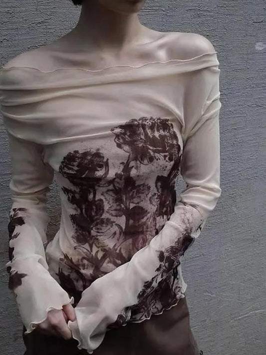 Vintage Floral Print Cold Shoulder Long Sleeve Mesh Top