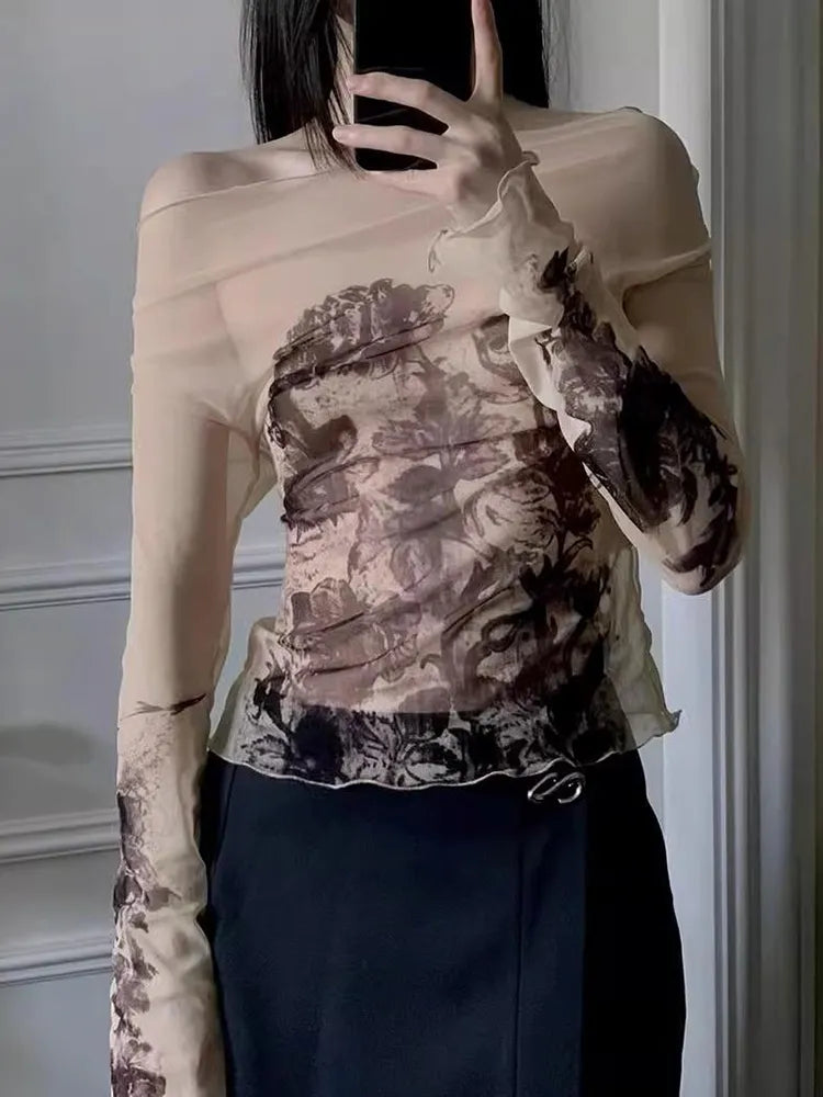 Vintage Floral Print Cold Shoulder Long Sleeve Mesh Top