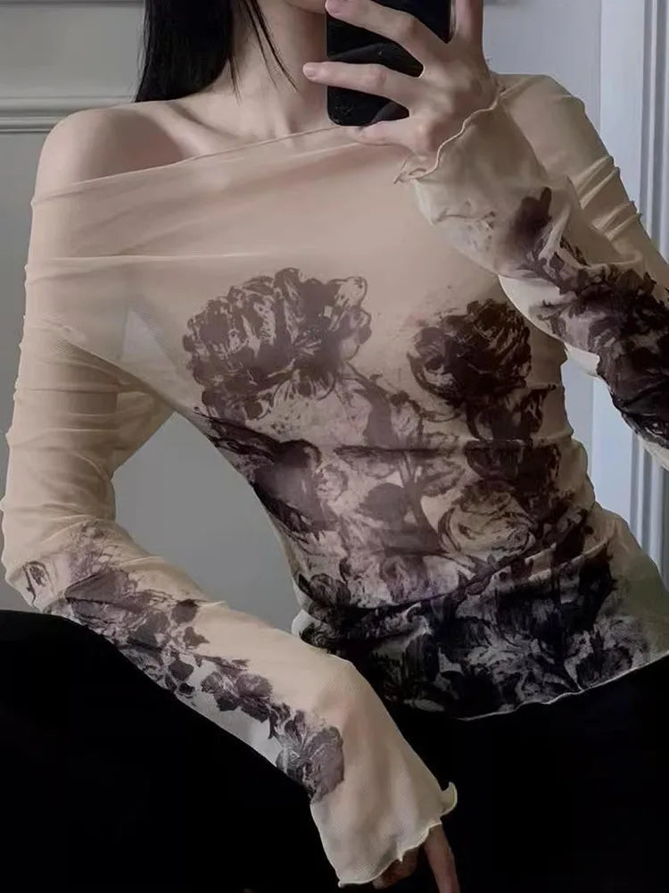 Vintage Floral Print Cold Shoulder Long Sleeve Mesh Top