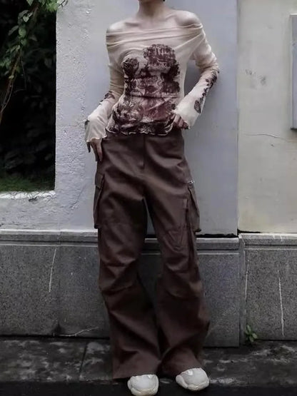 Vintage-Top mit Blumenmuster, Cut-Out-Schultern und langen Ärmeln aus Mesh