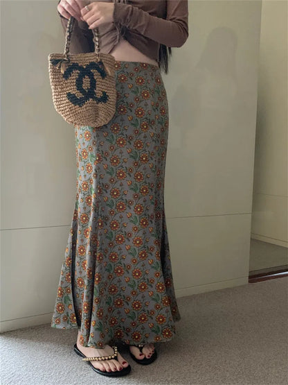Vintage Floral Printed High Waist Mermaid Long Skirt
