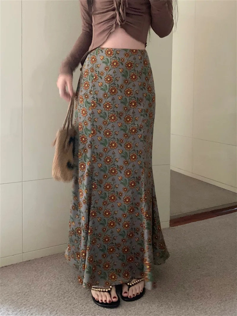 Vintage Floral Printed High Waist Mermaid Long Skirt