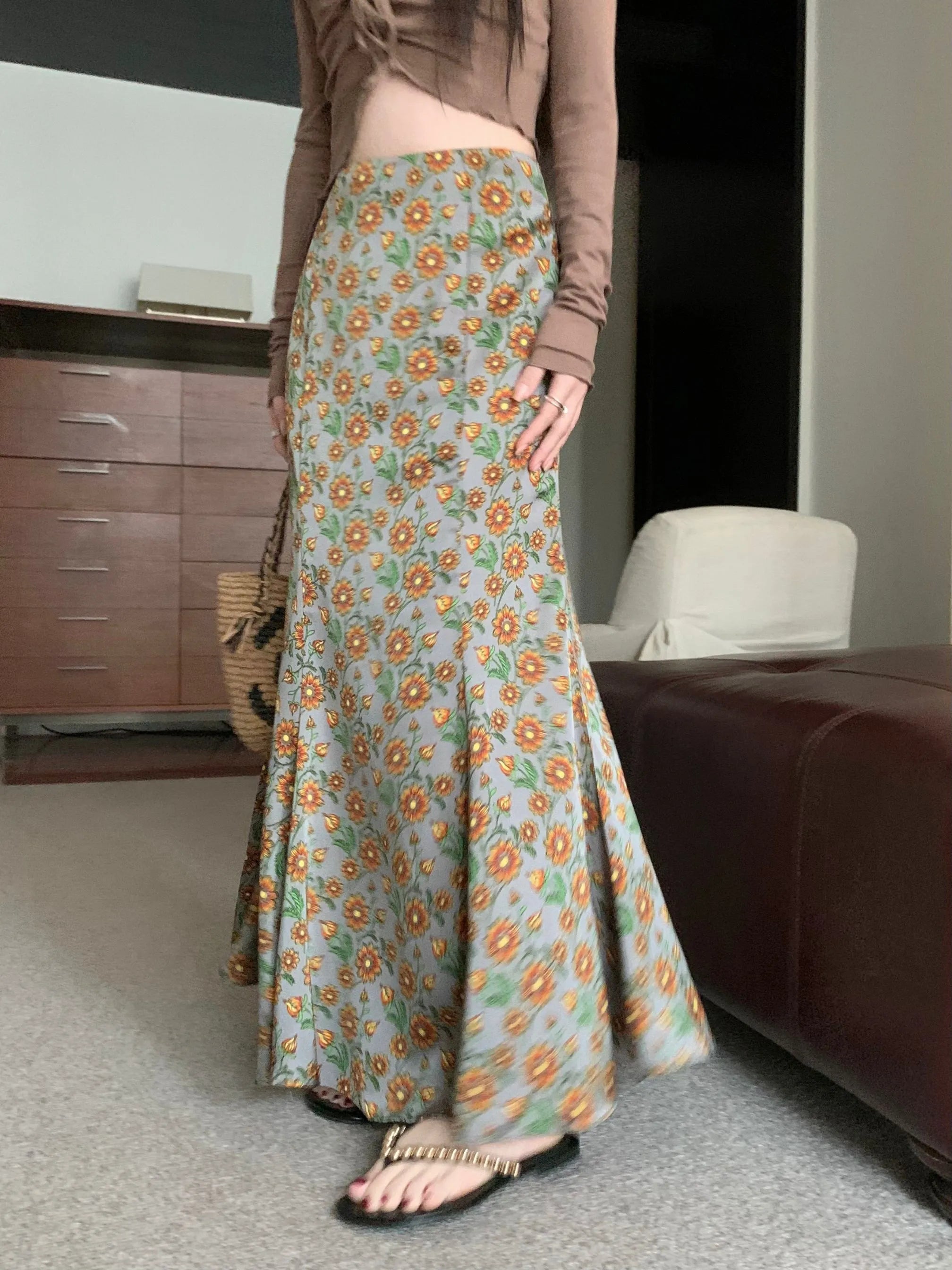 Vintage Floral Printed High Waist Mermaid Long Skirt