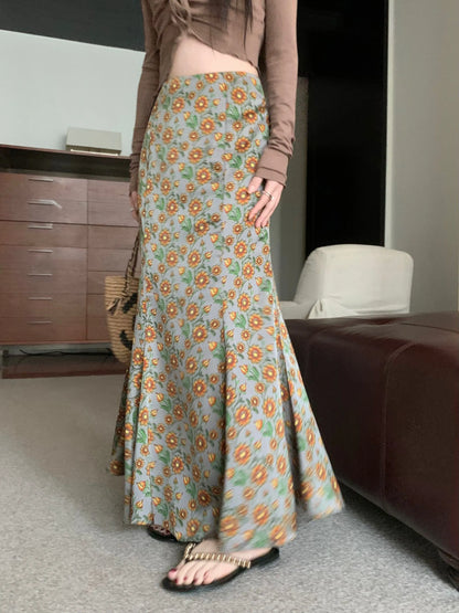 Vintage Floral Printed High Waist Mermaid Long Skirt