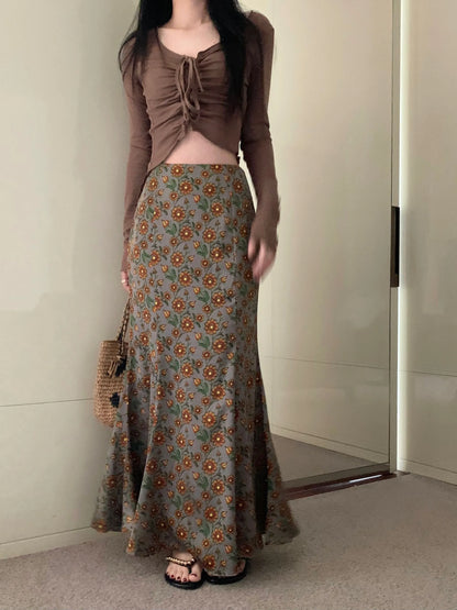 Vintage Floral Printed High Waist Mermaid Long Skirt
