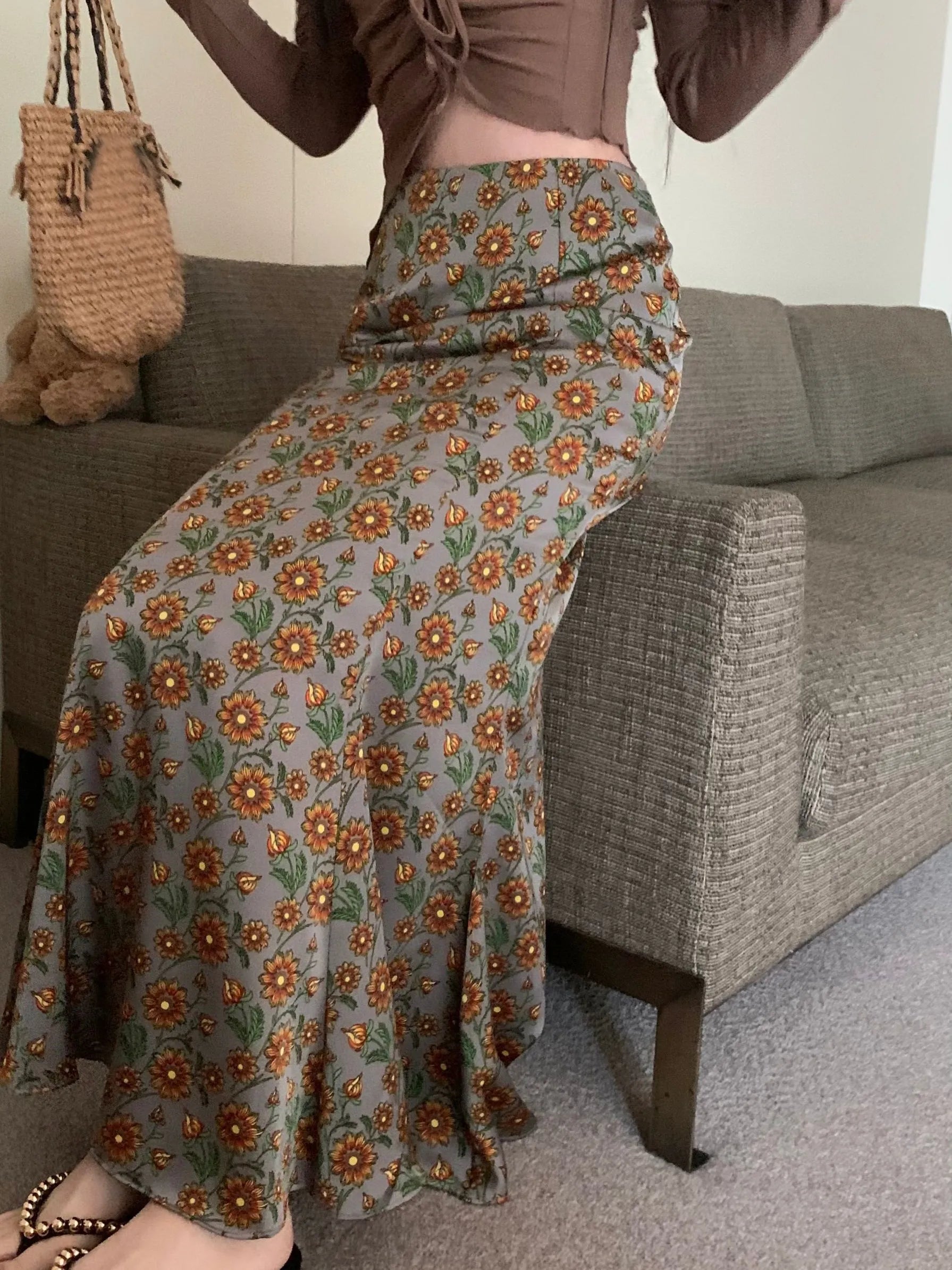 Vintage Floral Printed High Waist Mermaid Long Skirt