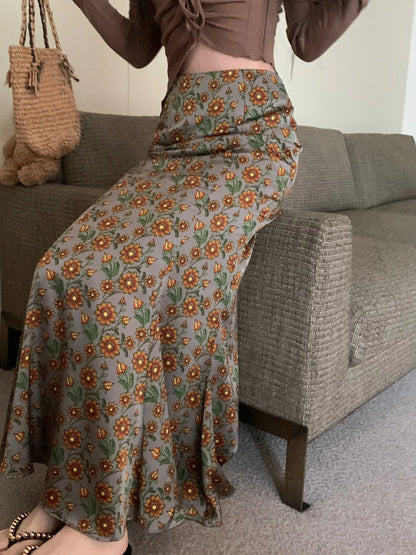 Vintage Floral Printed High Waist Mermaid Long Skirt