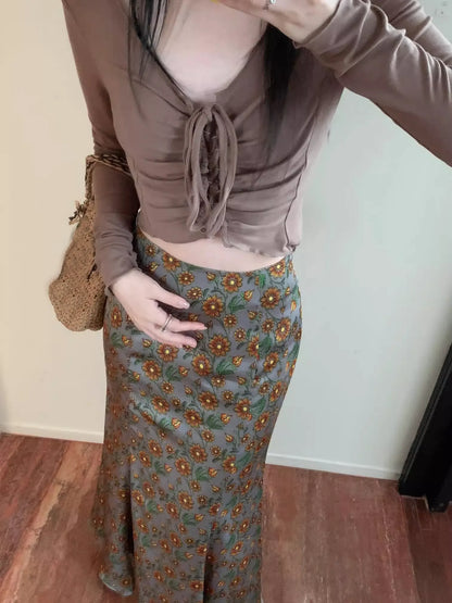 Vintage Floral Printed High Waist Mermaid Long Skirt