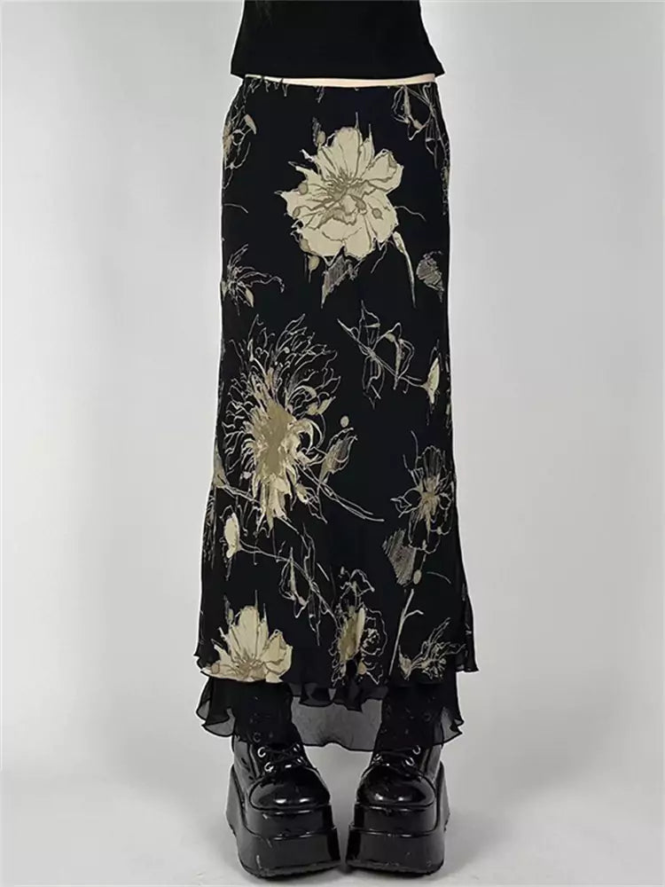 Vintage Floral Printed Low-Rise Mesh Bodycon Midi Skirt