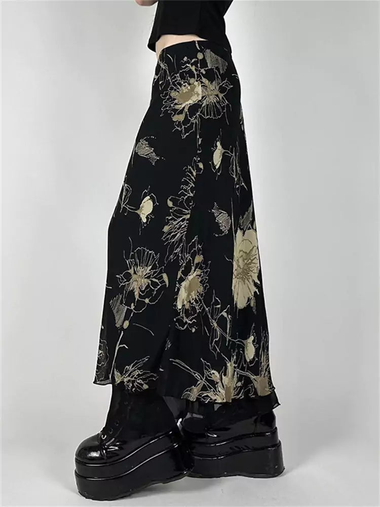 Vintage Floral Printed Low-Rise Mesh Bodycon Midi Skirt