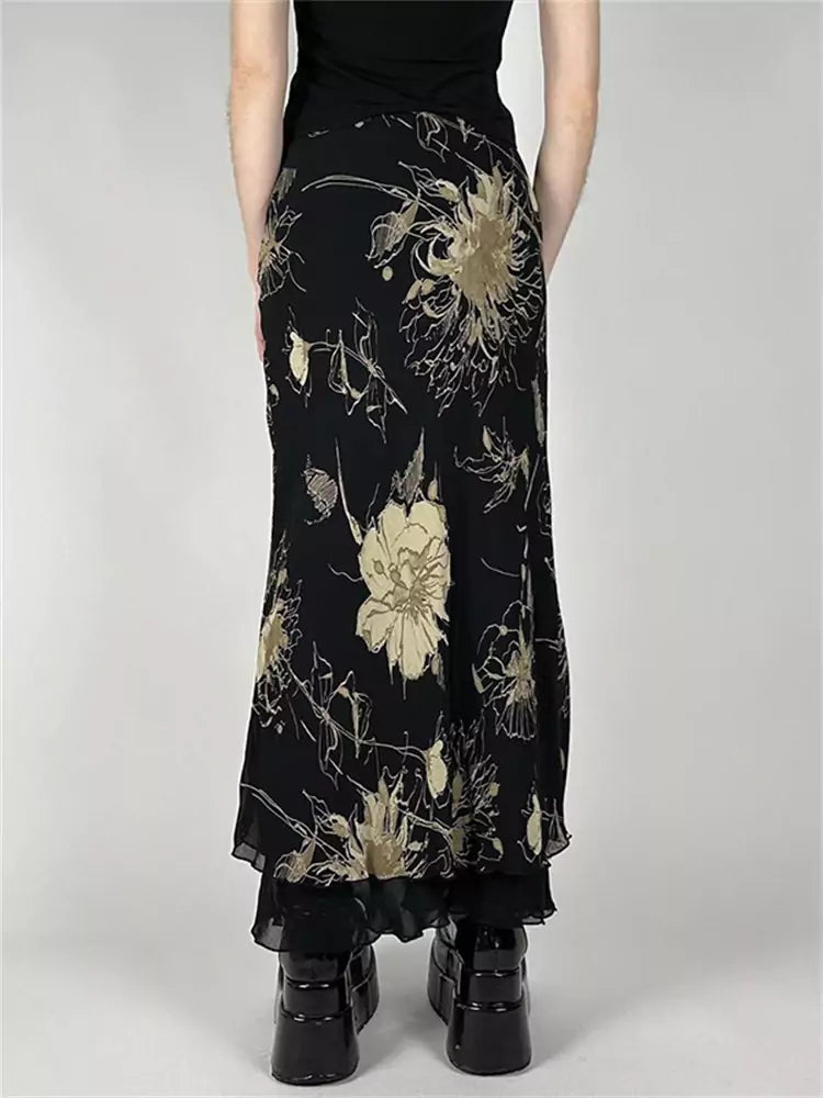 Vintage Floral Printed Low-Rise Mesh Bodycon Midi Skirt