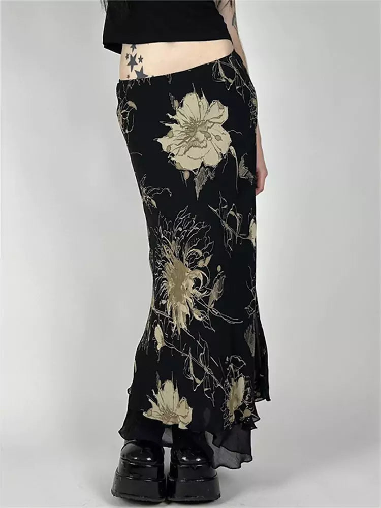 Vintage Floral Printed Low-Rise Mesh Bodycon Midi Skirt