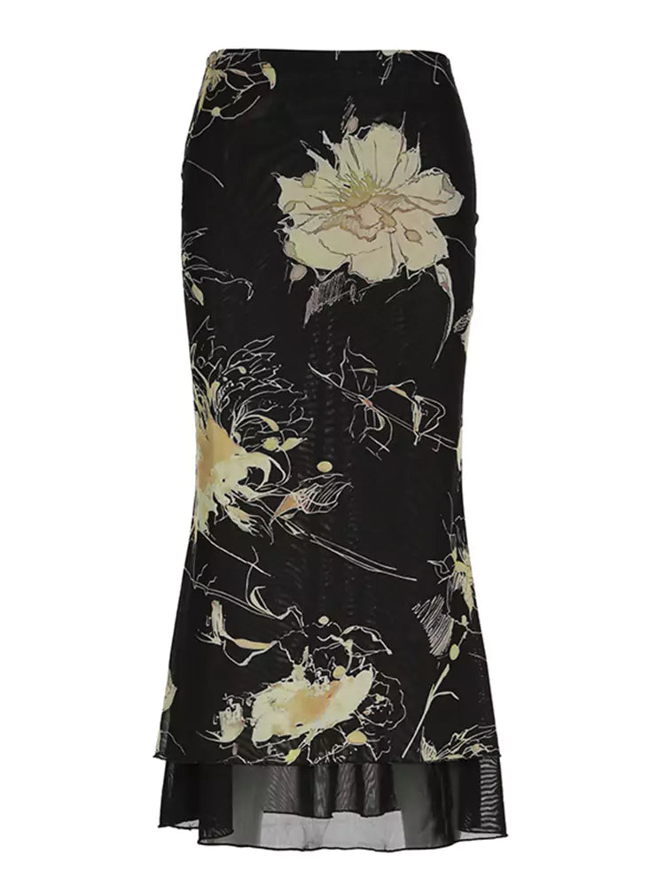 Vintage Floral Printed Low-Rise Mesh Bodycon Midi Skirt