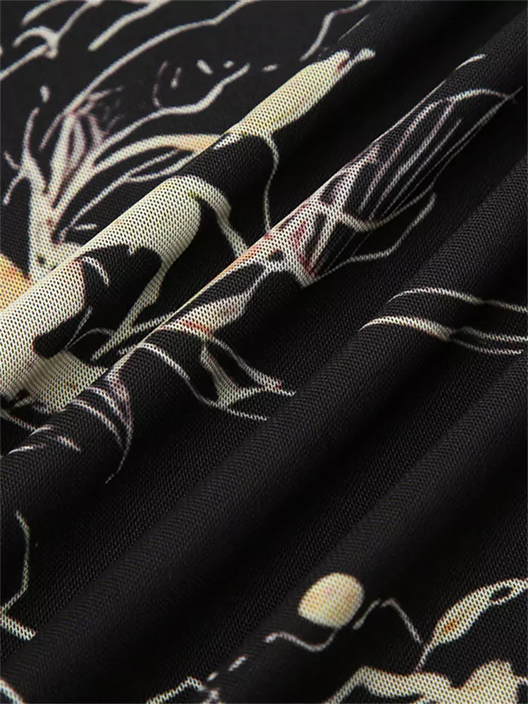 Vintage Floral Printed Low-Rise Mesh Bodycon Midi Skirt
