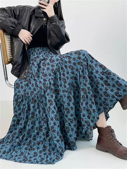 Vintage-Maxirock mit Blumenmuster und Raffungen in A-Linie