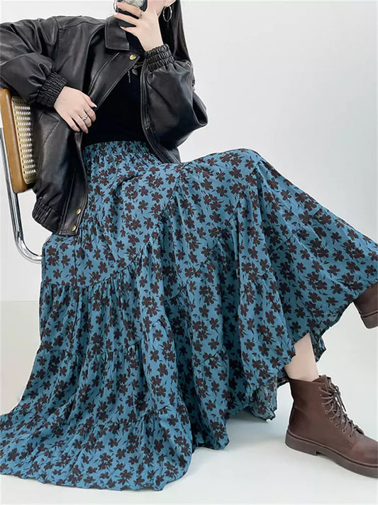 Vintage-Maxirock mit Blumenmuster und Raffungen in A-Linie