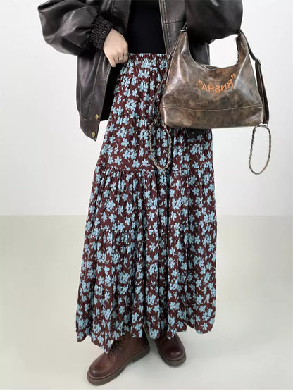 Vintage-Maxirock mit Blumenmuster und Raffungen in A-Linie