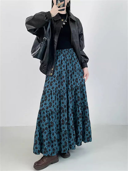 Vintage-Maxirock mit Blumenmuster und Raffungen in A-Linie