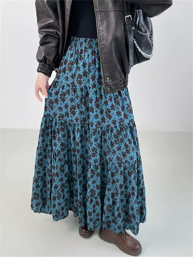 Vintage-Maxirock mit Blumenmuster und Raffungen in A-Linie