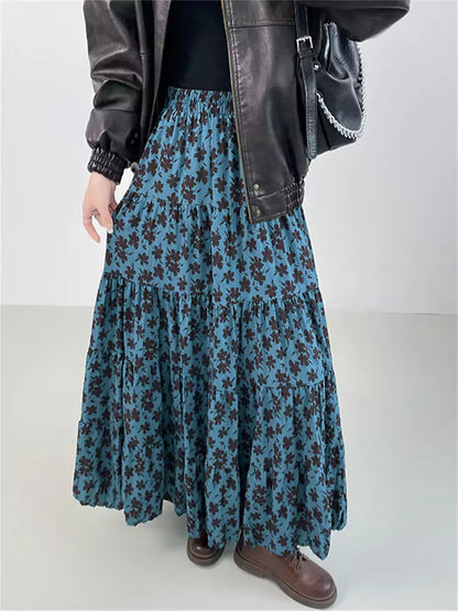 Vintage-Maxirock mit Blumenmuster und Raffungen in A-Linie