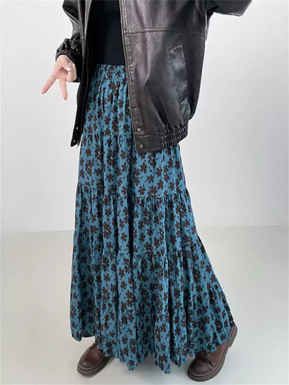 Vintage-Maxirock mit Blumenmuster und Raffungen in A-Linie